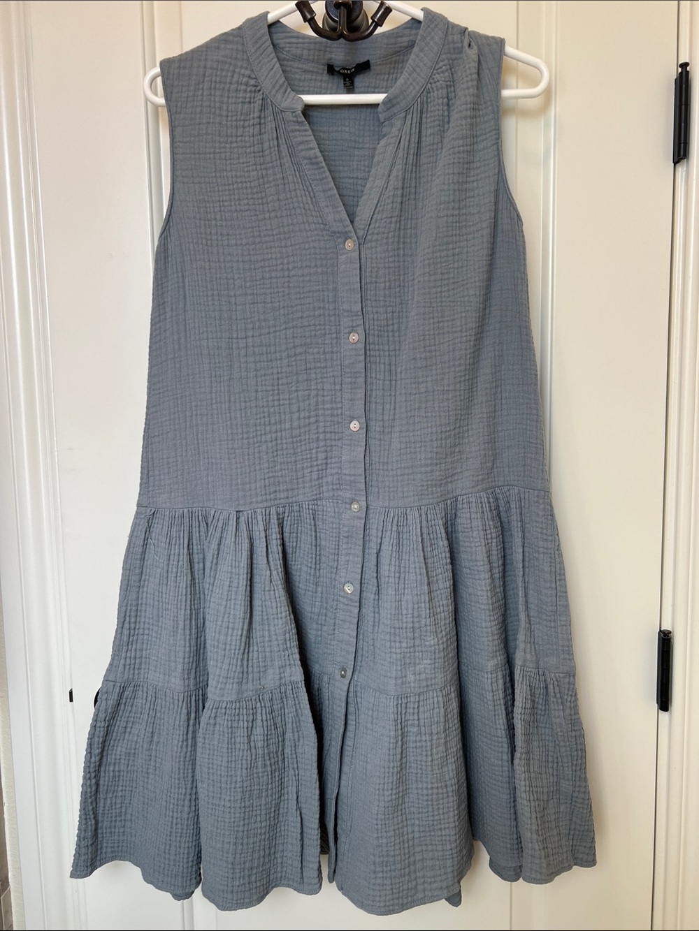 DREW Sleeveless Tiered Button-Front Dress in Dusty Blue Gray